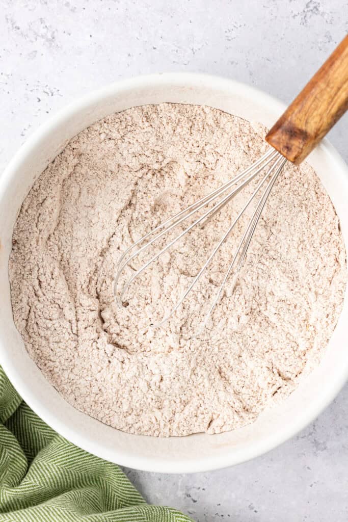 bowl of dry ingredients with a whisk