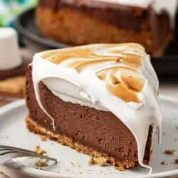 slice of smores cheesecake on a plate