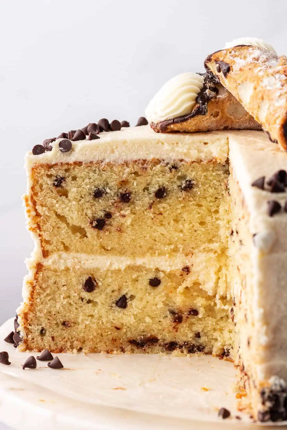 cannoli cake with slice missing