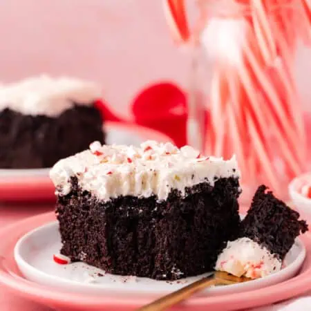 slice of chocolate peppermint cake with a bite missing