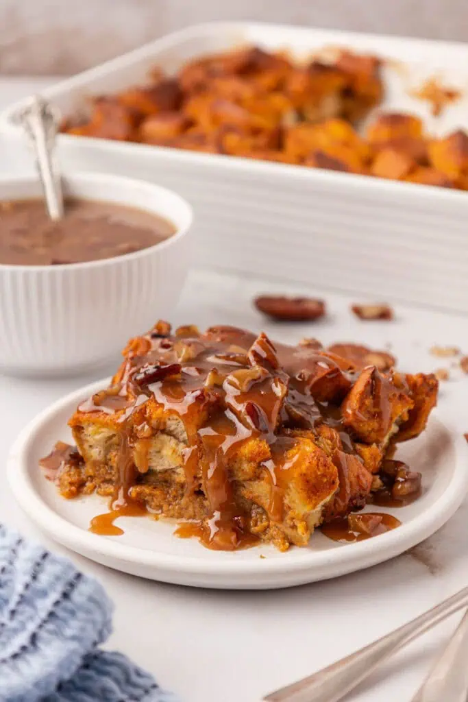 a slice of pumpkin bread pudding on a plate