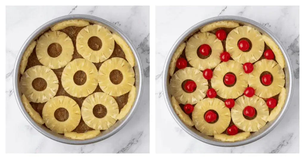 pineapple rings and cherries placed into bottom of pan