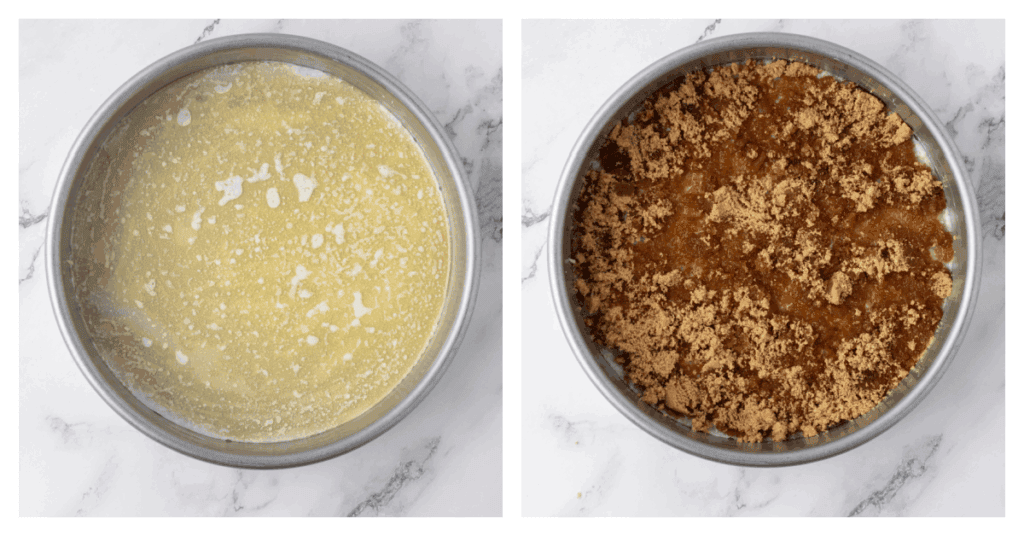 butter and brown sugar in the bottom of the pan