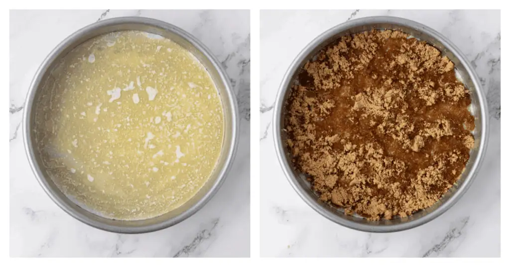 butter and brown sugar in the bottom of the pan