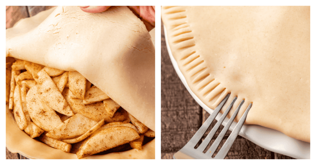 top crust added to apple pie and crimped with a fork