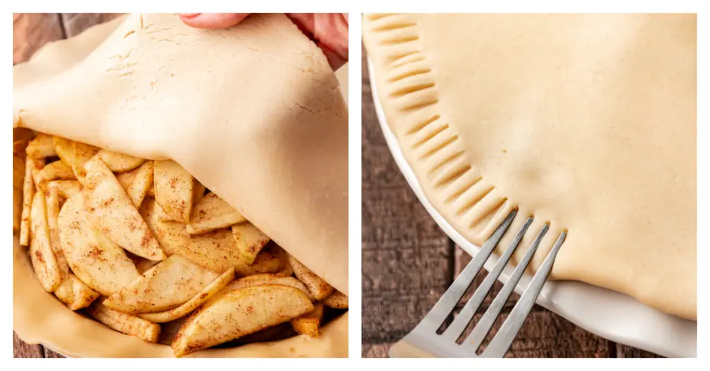 top crust added to apple pie and crimped with a fork