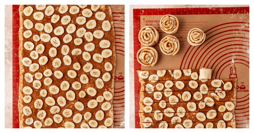 cinnamon roll dough topped with bananas, rolled up and cut