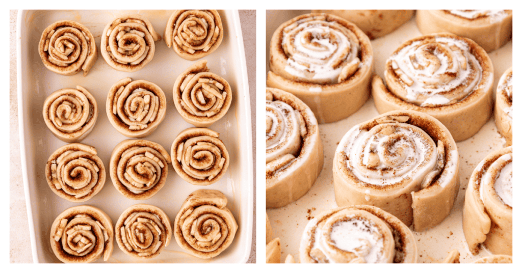 banana bread cinnamon rolls in dish topped with heavy cream