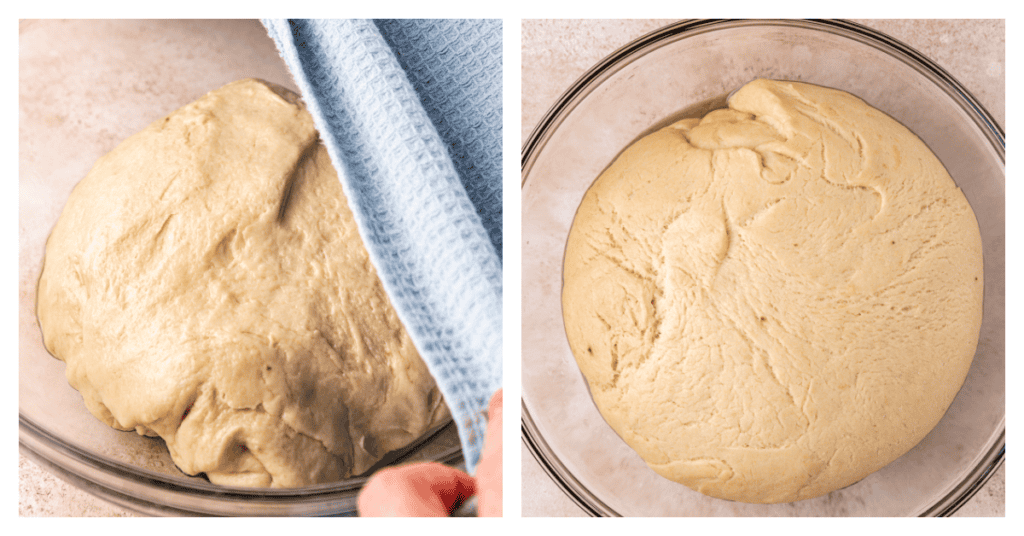banana bread cinnamon roll dough risen in bowl
