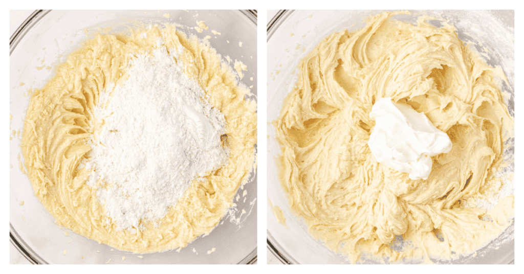 flour mixture and sour cream added to cake batter