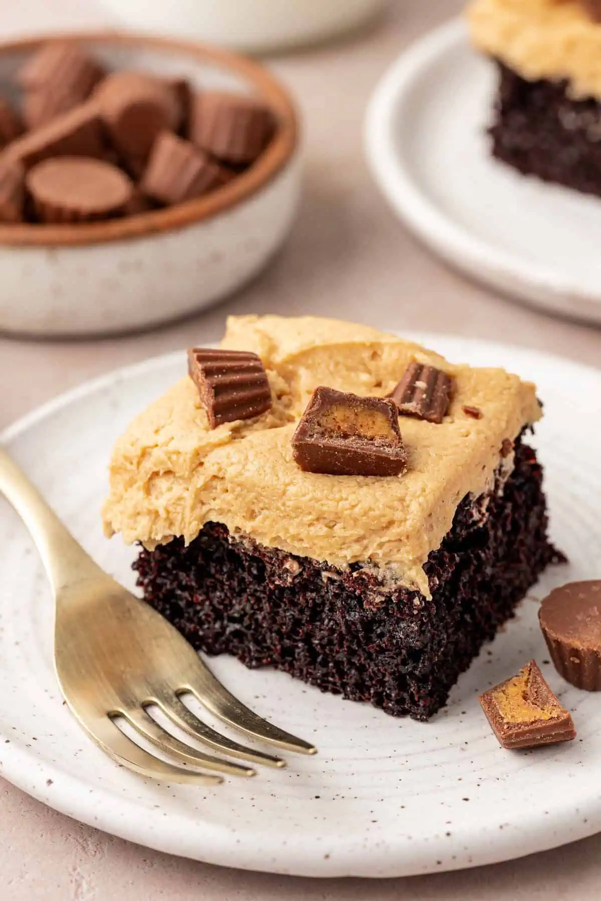 slice of peanut butter sheet cake on a plate