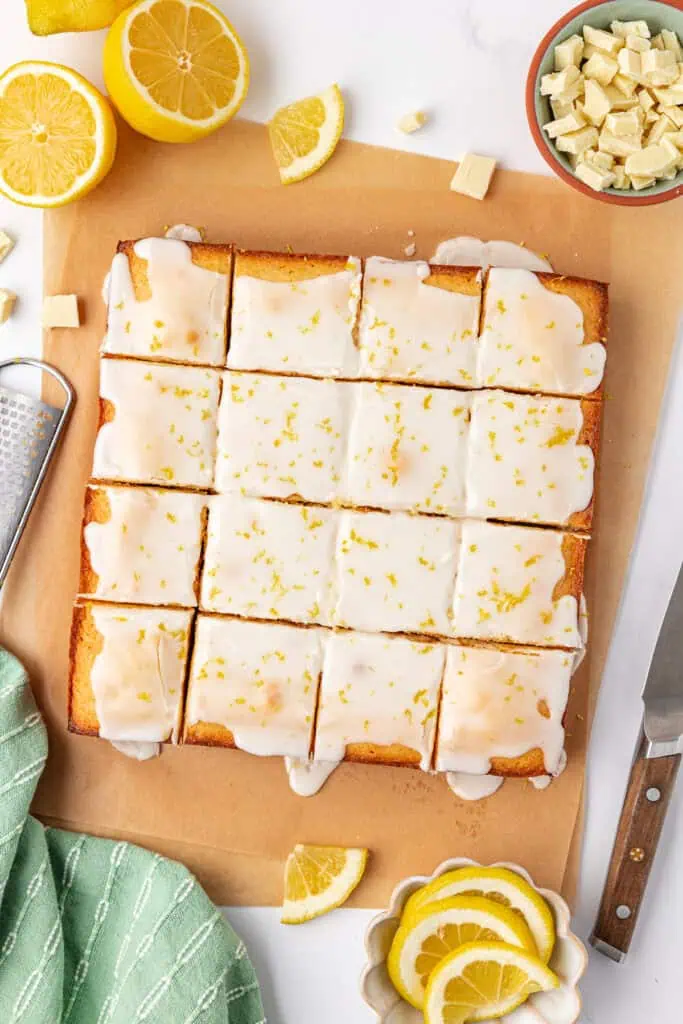 lemon brownie iced and cut into squares