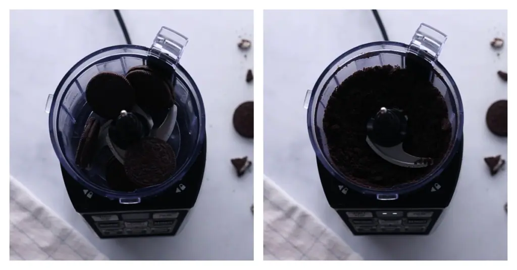 oreo cookies pulsed into crumbs into food processor