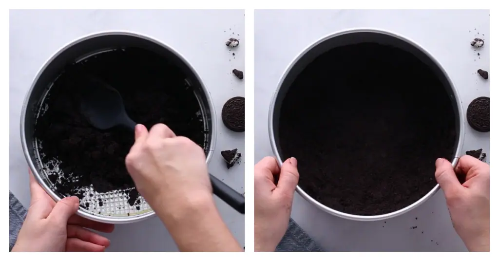 oreo crust pressed into springform pan