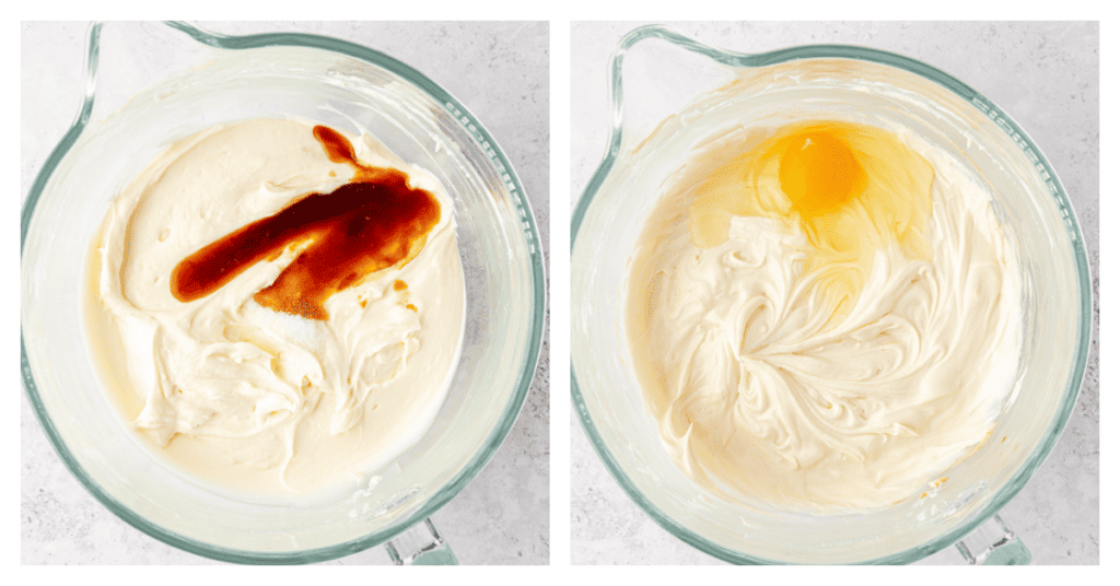 vanilla and eggs added to cheesecake batter