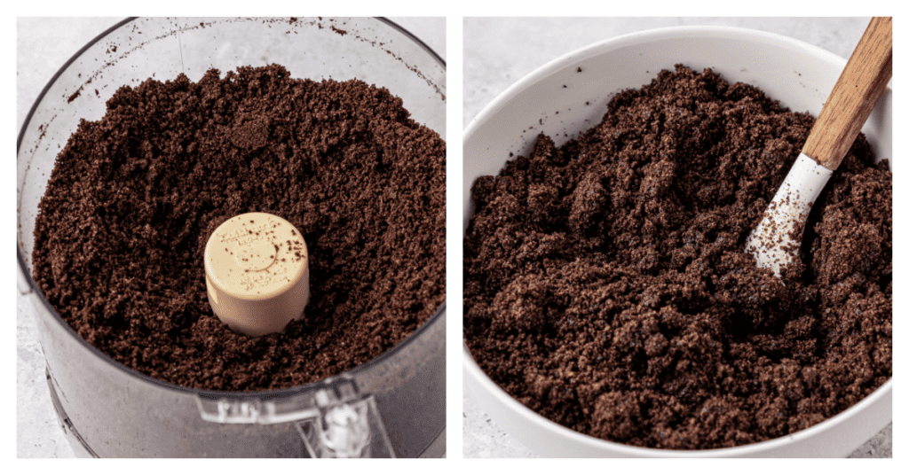 oreo cookie crust mixture in a food processor