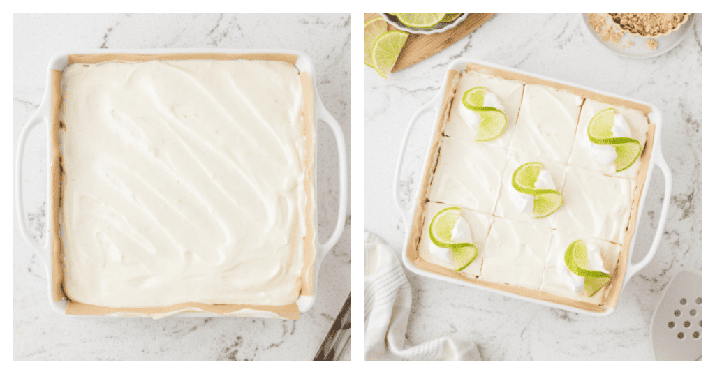 key lime cheesecake bars spread into pan and topped with whipped cream