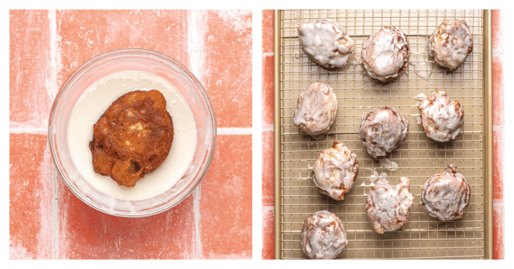 applesauce fritters dunked in glaze and laid out on a wire rack