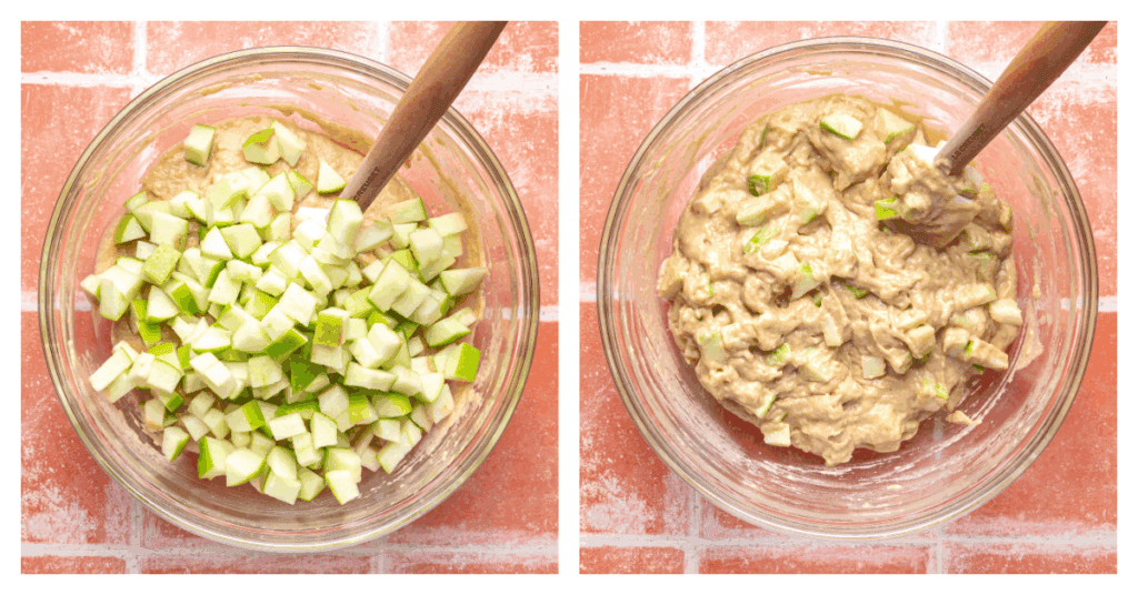 diced apples stirred into the batter