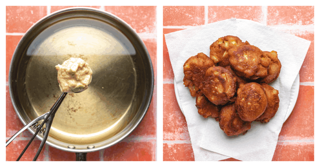 applesauce fritters fried and laid out on paper towels