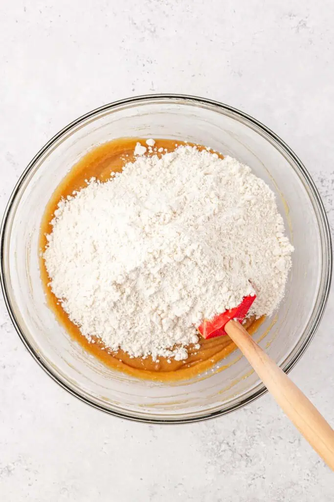 dry ingredients stirred into the peanut butter dough