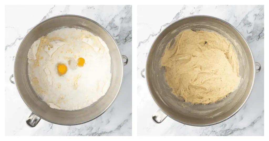 eggs and milk added to cinnamon roll dough mixture