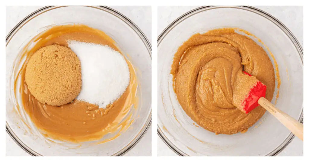 sugars whisked together into the melted butter mixture