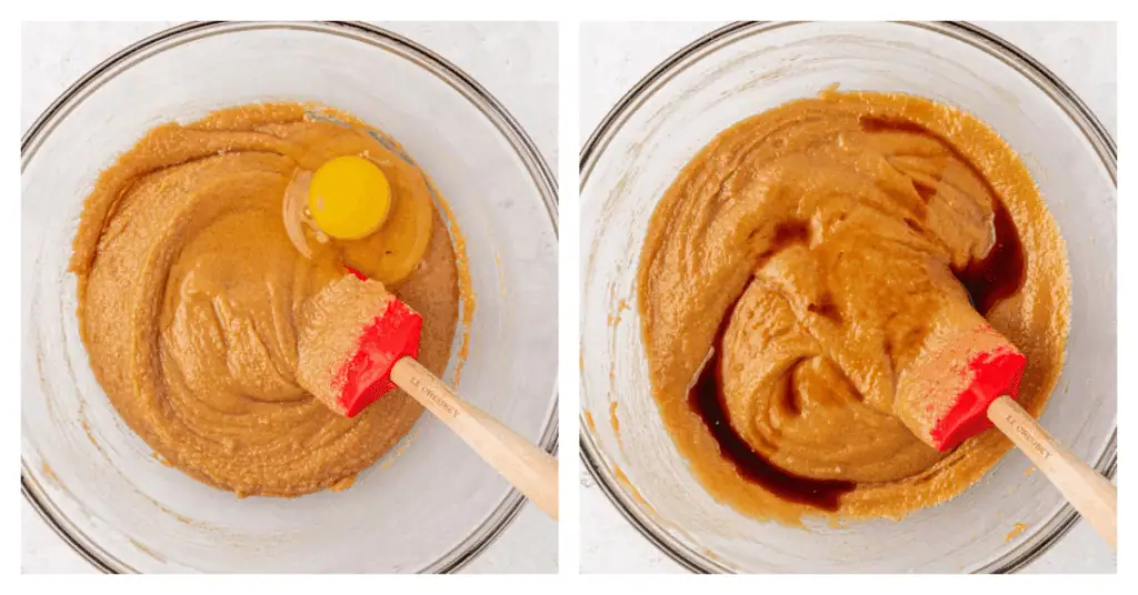 eggs and vanilla whisked into peanut butter mixture