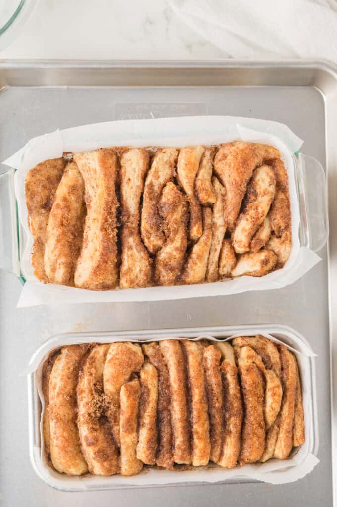 two baked cinnamon pull apart bread loaves