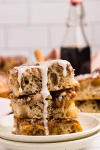 three slices of cinnamon focaccia stacked on each other