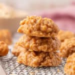 three no bake peanut butter cookies stacked