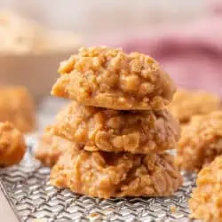three no bake peanut butter cookies stacked