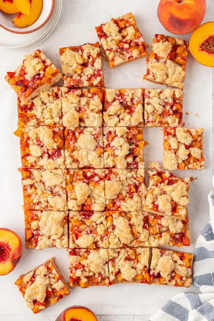 peach crumble bars cut into squares