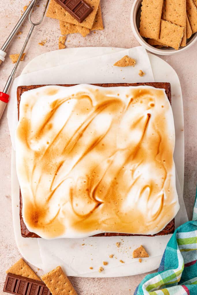 marshmallow frosting torched on top of brownies