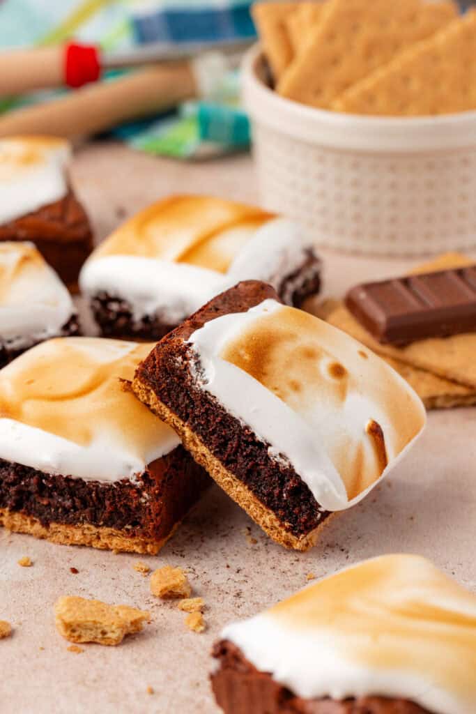 one smores brownie leaning on another brownie