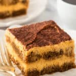 slice of pumpkin tiramisu on a plate with a fork