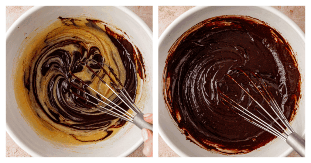 chocolate brownie batter whisked together in a bowl