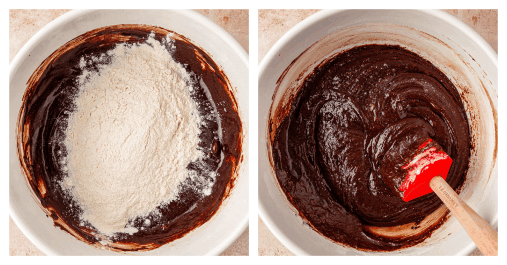 flour mixture stirred into brownie batter
