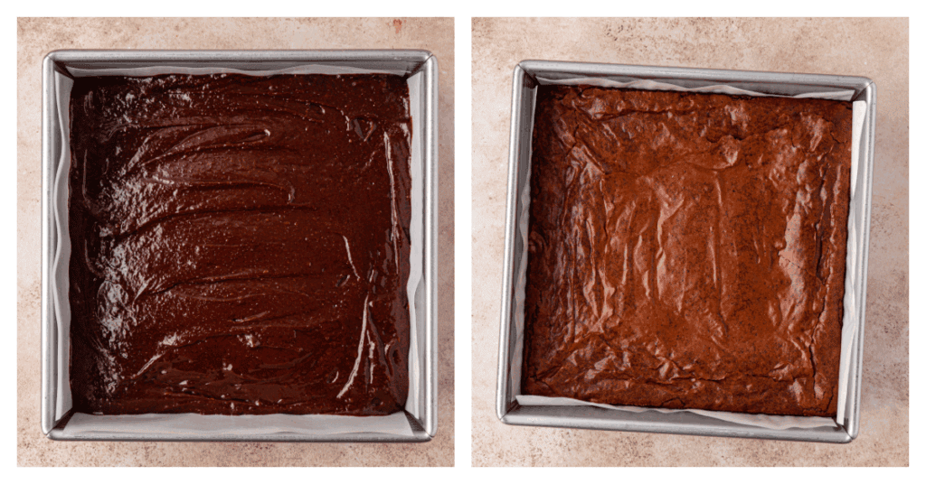 unbaked brownies and baked brownies in a pan