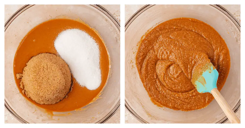 sugars whisked into butter and peanut butter mixtur