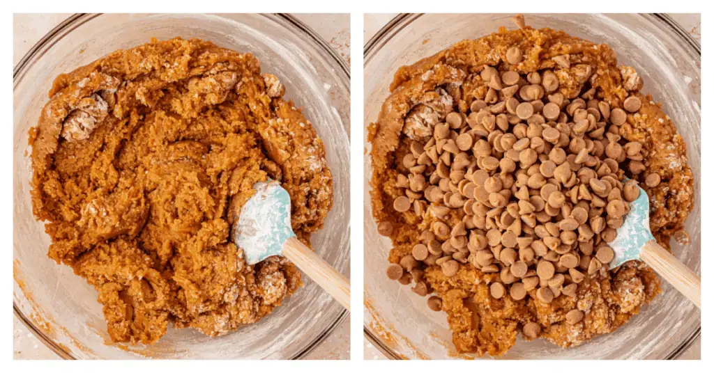 flour mixture and peanut butter chips whisked into cookie dough