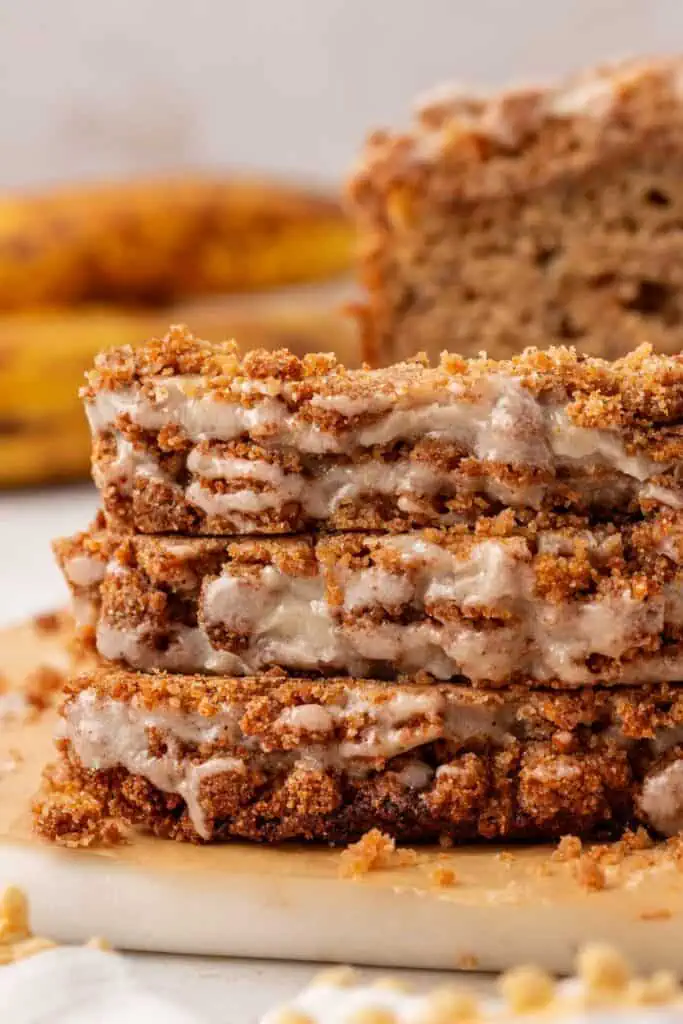 three slices of banana bread stacked on top of each other