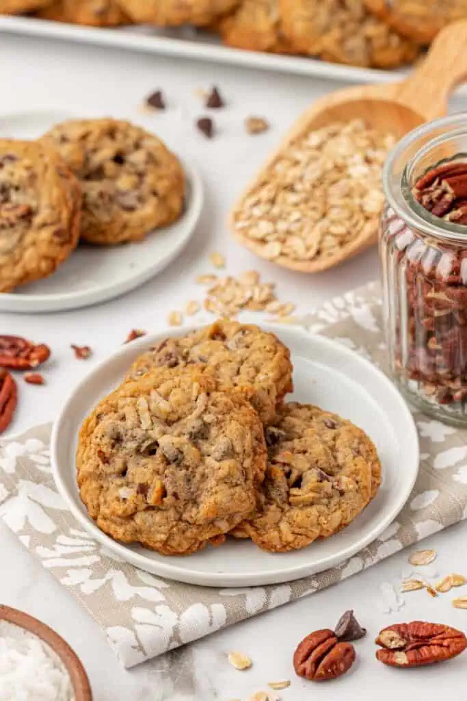 three cowboy cookies on a plate