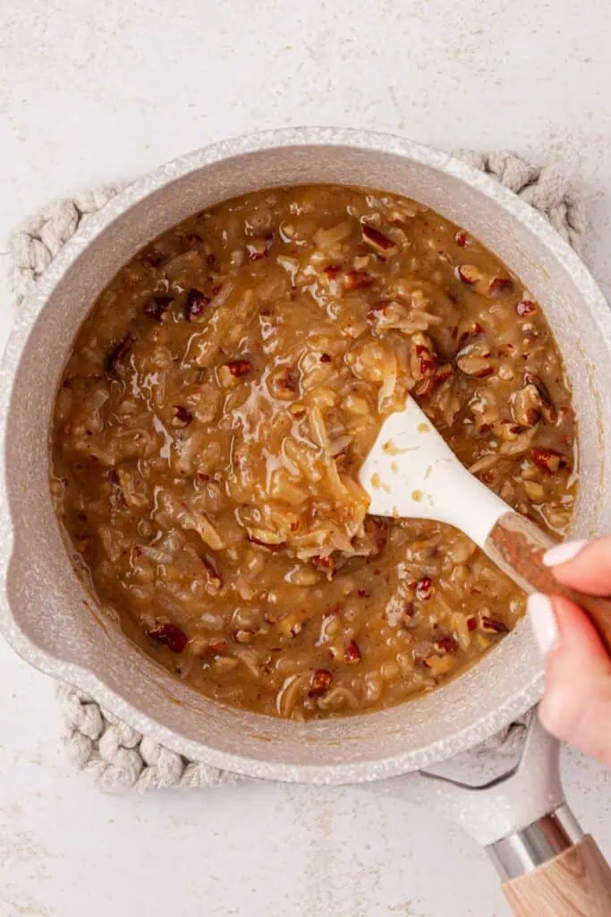 coconut pecan frosting in a saucepan