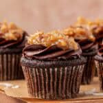 german chocolate cupcake on a cake stand