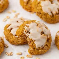 two pumpkin oatmeal cookies stacked on each other