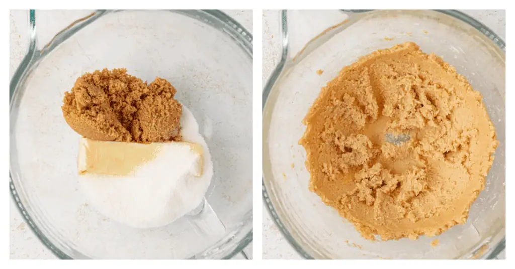 sugar, brown sugar, and butter creamed together in a bowl