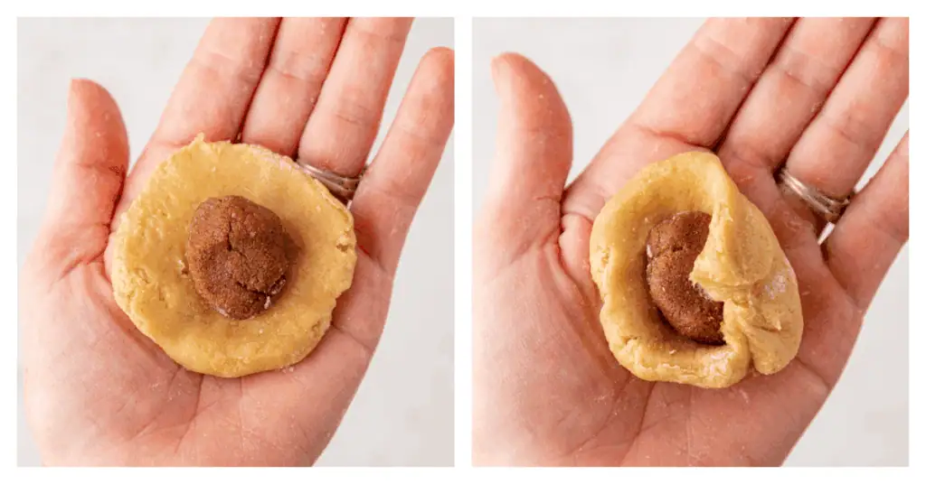 cinnamon center placed inside a cookie dough ball