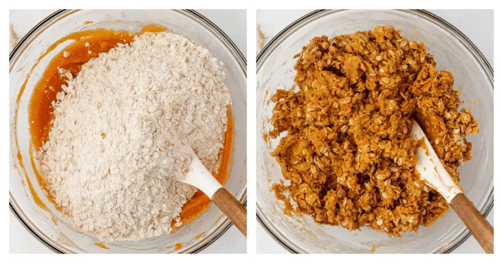 dry ingredients stirred into pumpkin oatmeal cookie dough