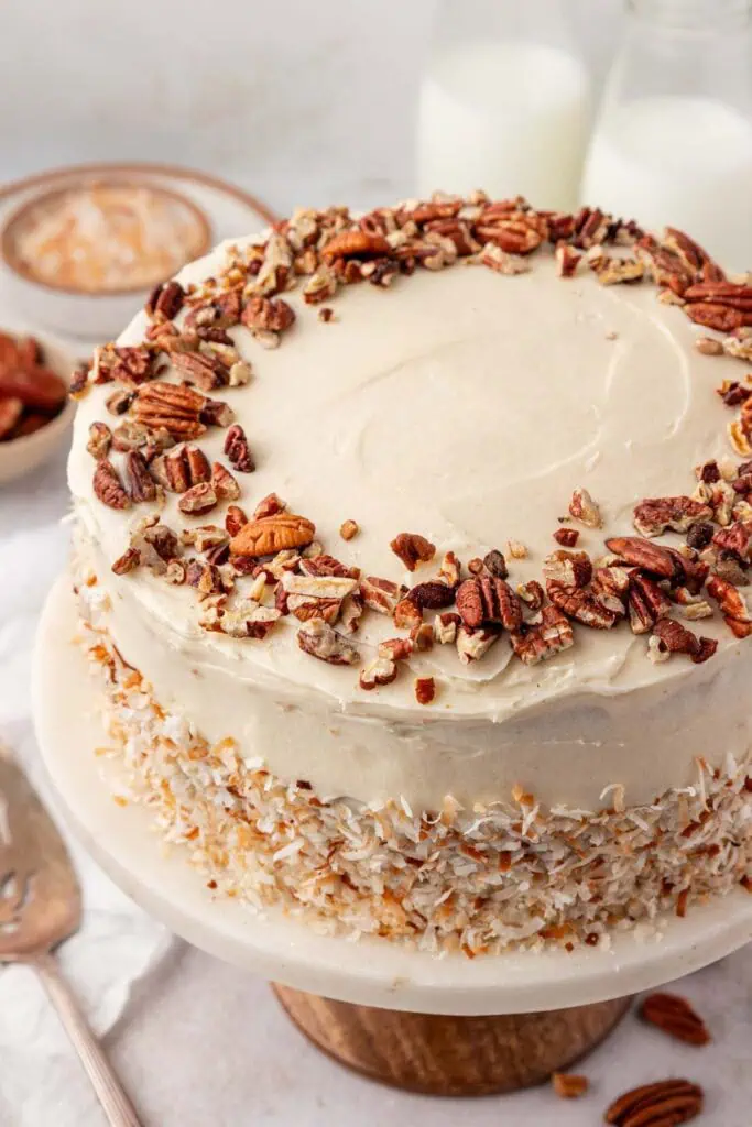 Italian cream cake on a cake stand